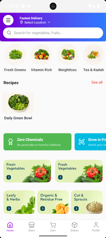Eat Pure Greens app home screen