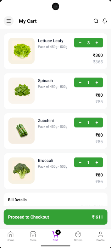 Eat Pure Greens app cart screen