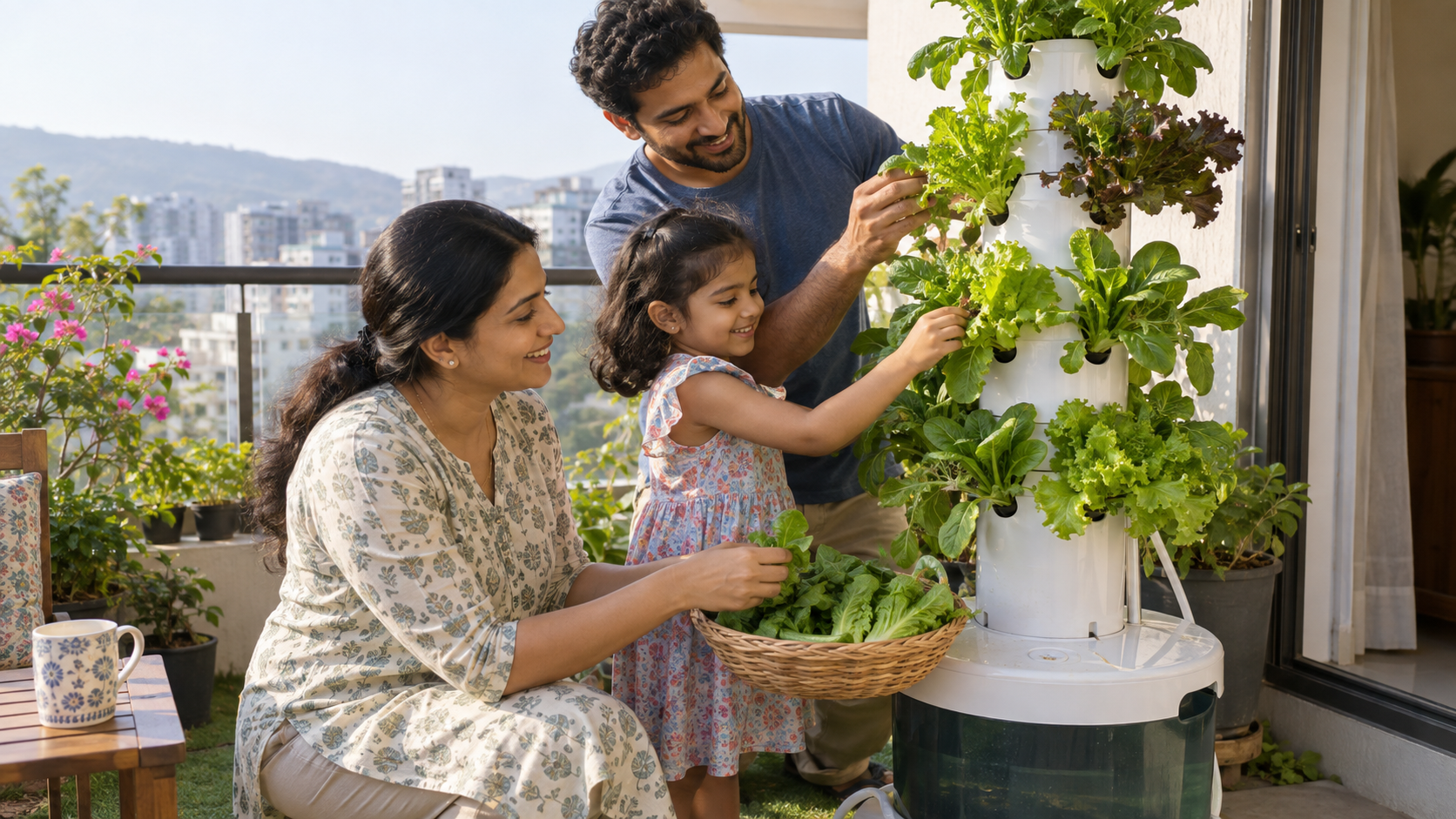 Indian parents and their young child harvesting leafy greens from a balcony VertiFarm