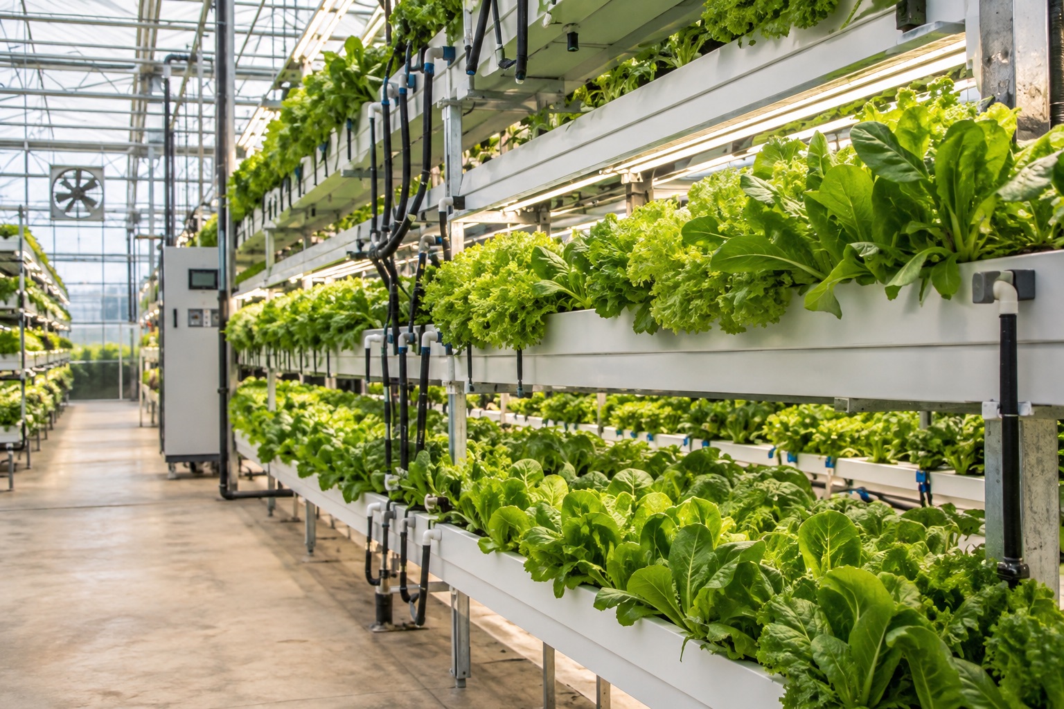 Leafy greens growing at a hydroponic farm